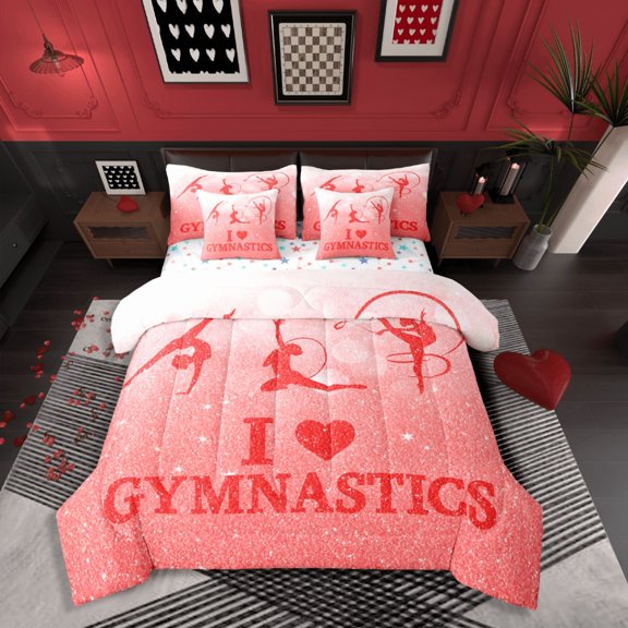 Castle Fairy Dance Gymnastics Girl 7-Piece Bedding Comforter Set,Sparkling Sequin King Bedding Sets,Red White Ultra Soft Bed Sheets,Ultra Soft Home Decor