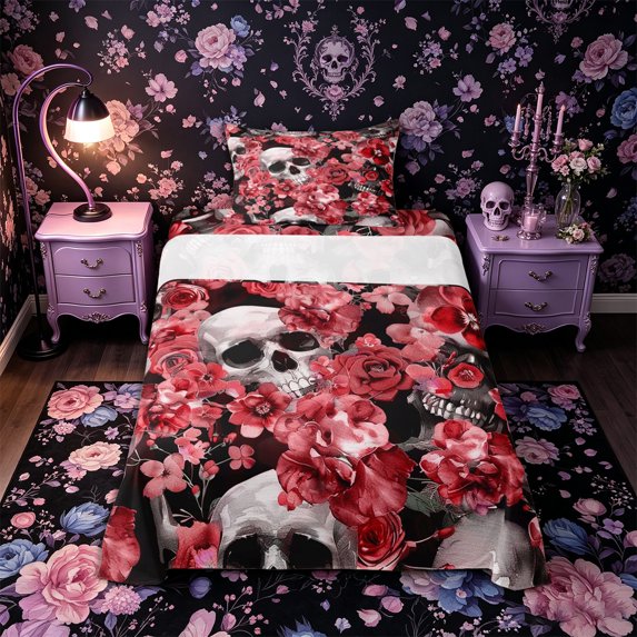 Castle Fairy Dark Floral Skull Print Twin Sheets 3pcs,Red Rose Pansy Bedding,Scarlet Gray Black,1 Fitted Sheet,1 Flat Sheet and 1 Pillowcase