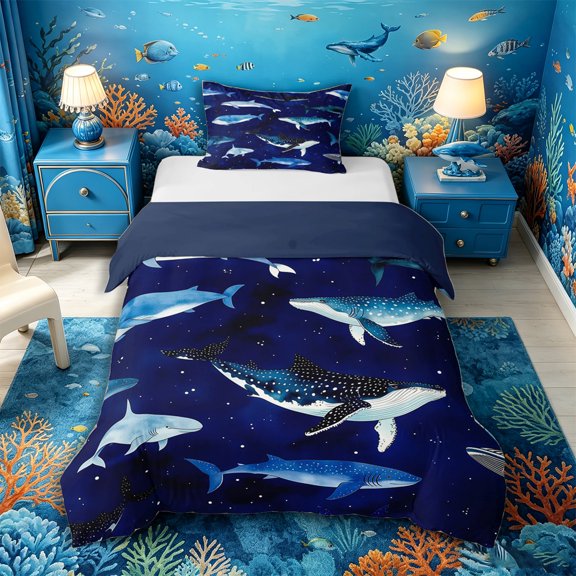Castle Fairy Dark Night Whale Shark Galaxy Twin Duvet Cover,Speckled Deep Sea Aquatic Seamless Twin Bedding,Navy Teal,Navy Blue Reversible,2pcs,No Comforter,1 Duvet Cover and 1 Pillowcase