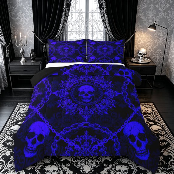 Castle Fairy Dark Royal Skull Full Size Comforter Sets 3-Piece,Chain Vintage Damask Square Pattern Bedding Comforter Set,Violet Blacks,1 Comforter and 2 Pillowcases,Black Reversible