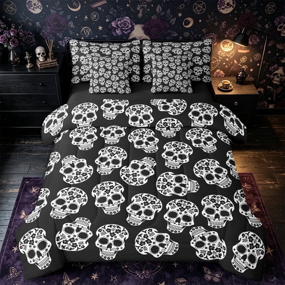 Castle Fairy Day Of The Dead Skull Full Size Bedding Sets 7 Pieces,Floral Sugar Skeleton Halloween Allover Full Size Bed in a Bag,White Black,Black Reversible