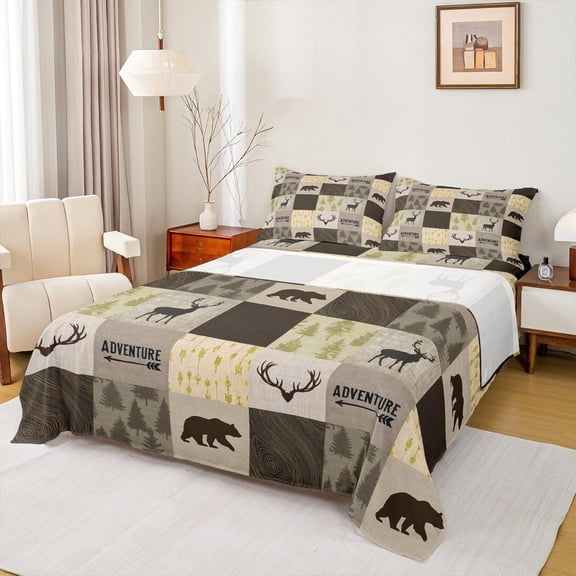 Castle Fairy Deer Bear 3pcs Twin Sheet Sets,Geometric Plaid Twin Fitted Sheet,Hunting Theme Breathable Flat Sheet,Ultra Soft Rustic Home Decor