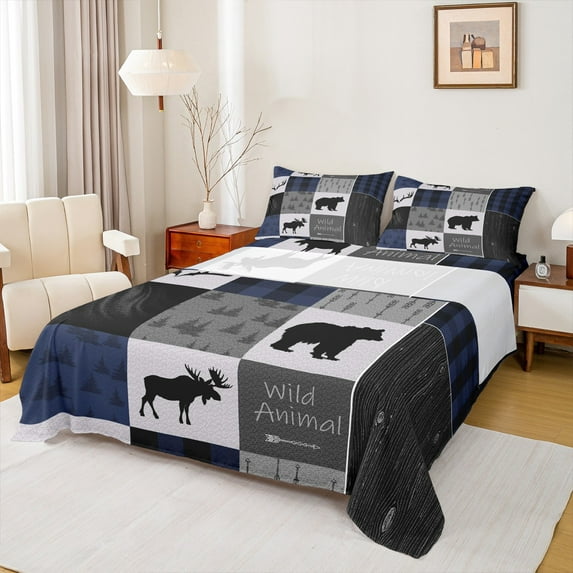 Castle Fairy Deer Bear 4 Pieces Queen Sheet Sets,Geometric Plaid Ultra Soft Flat Sheet,Woodland Animal Queen Fitted Sheet,Super Cozy Wildlife Room Decor