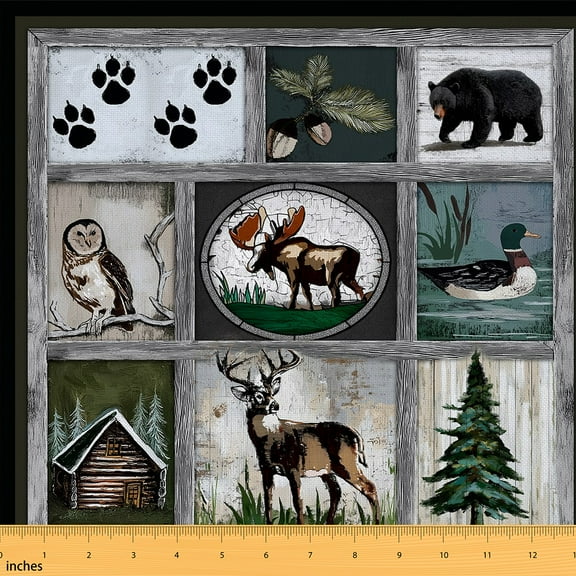 Castle Fairy Deer Bear Fabric by the Yard 2 Yards for Teens,Geometric Plaid Room Decor Fabric by the Yard,Rustic Cabin Sewing Fabric,Breathable Home Decor