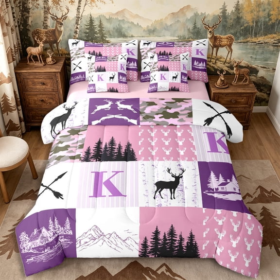 Castle Fairy Deer Hunting Initial K Queen Bedding 7pcs,Vintage Stripes Camo Animal Bedding Comforter Set Queen,Pink Purple White,Pink Reversible
