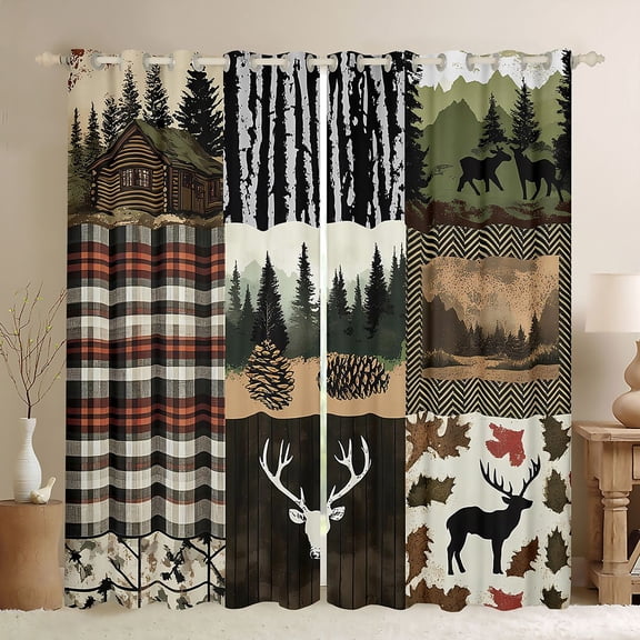 Castle Fairy Deers Blackout Curtains Set of 2 (52x84 Each),Checkered Window Curtains