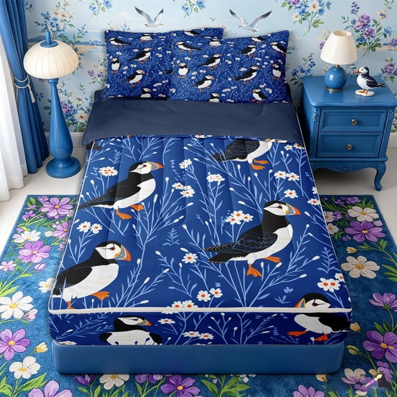 Castle Fairy Dense Line Art Puffin Daisy Zipper Twin Comforter Sets with Fitted Sheet and 2 Pillowcases,Thin Stem Floral Deep Navy Tile Zipper Bedding Set,Royal White,Navy Blue Reversible,4-Piece