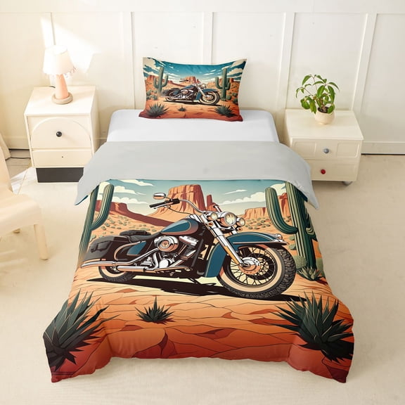 Castle Fairy Desert Motorcycle Twin Bedding for Teens, Cactus Print Duvet Cover Set for Bedroom, Teal Orange,Grey Reversible,2pcs,No Comforter