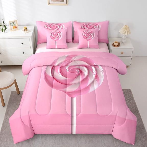 Castle Fairy Dessert Candy 7-Piece Twin Bedding Sets,Pink White Bedding Comforter Set,Dreamy Princess Breathable Sheet Sets,Microfiber Girls Bedroom Decor,Reversible