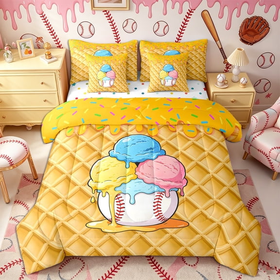 Castle Fairy Dessert Ice Cream Drip Twin Bedding 7-Piece, Sport Baseball Bedding Comforter Set, Pink Blue Yellow