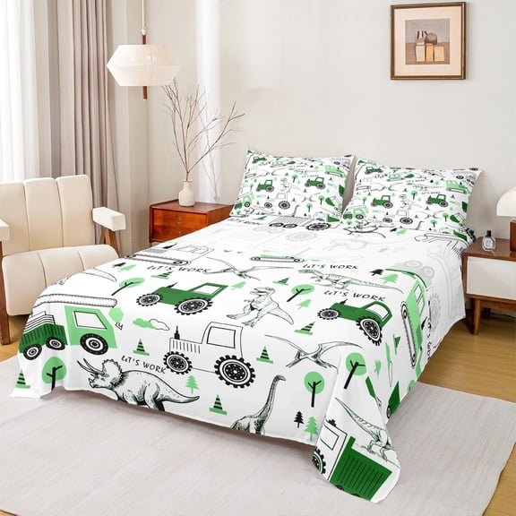 Castle Fairy Dino Excavator 3pcs Twin Sheet Sets for Child,Cartoon Car Twin Fitted Sheet,Construction Vehicles Breathable Flat Sheet,Lightweight Room Decor