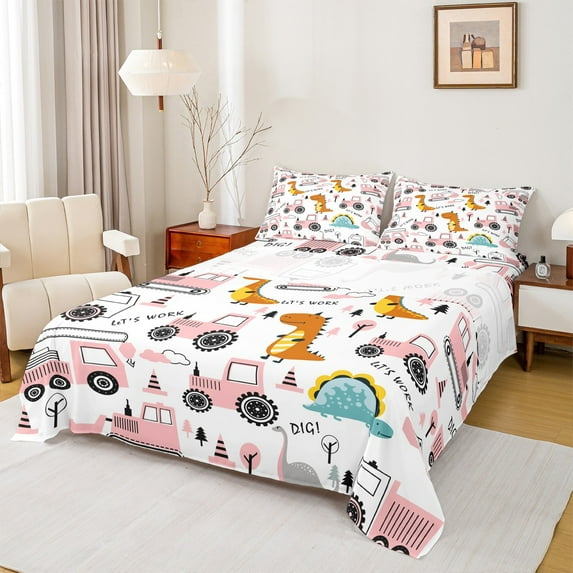 Castle Fairy Dino Excavator 4pcs Bed Sheets for Child,Cartoon Car King Sheets,Construction Vehicles Super Cozy Sheet Set,Lightweight Room Decor
