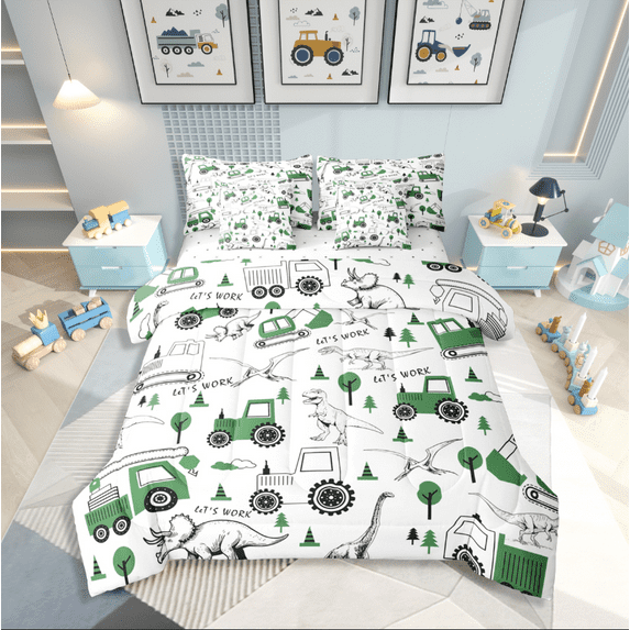 Castle Fairy Dino Excavator 7-Piece Twin Bedding Sets for Child,Cartoon Car Bedding Comforter Set,Construction Vehicles Breathable Sheet Sets,Lightweight Room Decor
