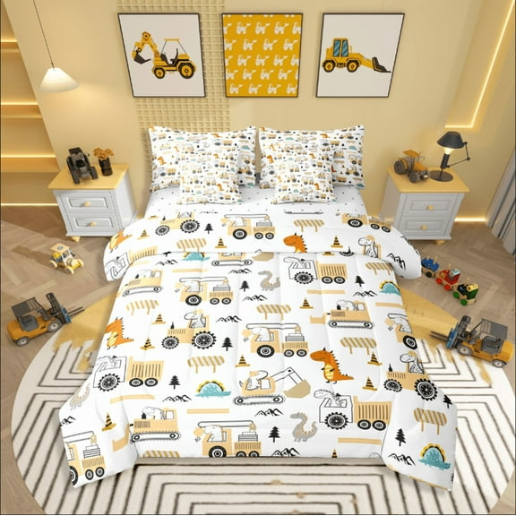 Castle Fairy Dino Excavator 7 Pieces Bedding Comforter Set for Child,Cartoon Car Full Bedding Set Lightweight,Construction Vehicles Fitted Sheet Flat Sheet,Lightweight Room Decor