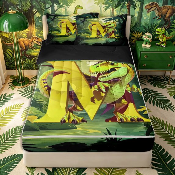 Castle Fairy Dinosaur Jungle Letter M Zipper Full Size Comforter Sets with Fitted Sheet and 2 Pillowcases,Cartoon Animal Zipper Bedding Set for Bedroom,4pcs,Reversible