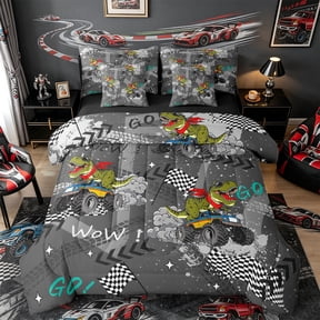 Castle Fairy Dinosaur Monster Truck Twin Bedding Sets 7-Piece for Toddlers, Racing Flag Print Bedding Comforter Set for Playroom, Gray Green,Black Reversible