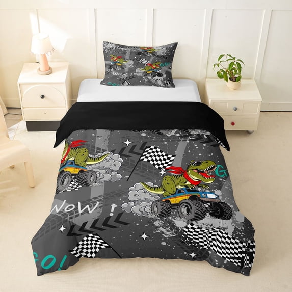 Castle Fairy Dinosaur Monster Truck Twin Bedding for Toddlers, Racing Flag Print Duvet Cover Set for Playroom, Gray Green,Black Reversible,2pcs,No Comforter