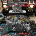 thumbnail image 1 of Castle Fairy Dinosaur Monster Truck Twin Comforter Sets 3-Piece for Toddlers, Racing Flag Print Bedding Set for Playroom, Gray Green,Black Reversible, 1 of 6
