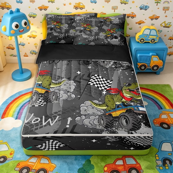 Castle Fairy Dinosaur Monster Truck Zipper Twin Comforter Sets with Fitted Sheet and 2 Pillowcases,Racing Flag Print Zipper Bedding Set,Gray Green,4-Piece,Black Reversible