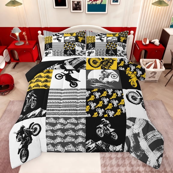 Castle Fairy Dirt Bike Bedding Comforter Set 2pcs for Boys Girls,Extreme Sport Motorcycle Twin Comforter Sets Microfiber,Abstract Geometric Plaid Breathable Bedding Set,Microfiber Bedroom Decor
