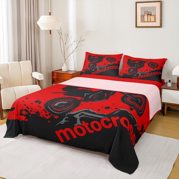 Castle Fairy Dirt Bike Boy Girl 4 Pieces Queen Sheet Sets,Black Red Ultra Soft Flat Sheet,Extreme Sport Queen Fitted Sheet,Microfiber Bedroom Decor