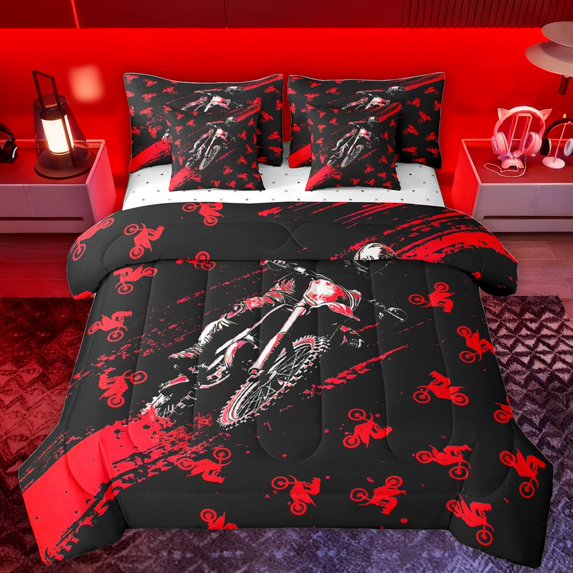 Castle Fairy Dirt Bike Boy Girl Bedding Comforter Set 7 Pieces,Black Red Full Bedding Set Lightweight,Extreme Sport Fitted Sheet Flat Sheet,Microfiber Bedroom Decor,Reversible