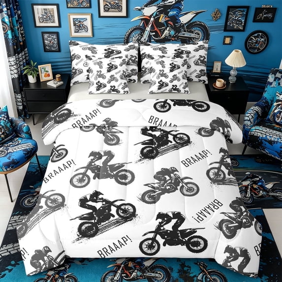 Castle Fairy Dirt Bike Pattern Bedding Comforter Set 7 Pieces for Boys, "Braaap" Print Full Bedding Set for Bedroom, Black White,Grey Reversible