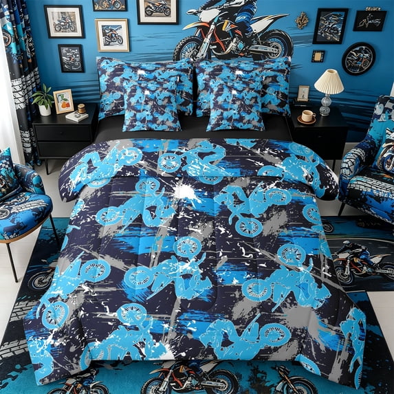 Castle Fairy Dirt Bike Pattern Bedding Comforter Set 7pcs for Teens, Graffiti Print Queen Bedding Sets for Bedroom, Blue Gray,Black Reversible
