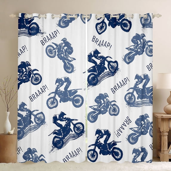 Castle Fairy Dirt Bike Pattern Curtains Pack of 2 (42x84 Each) for Boys, "Braaap" Print Curtains Blackout for Bedroom, Blue White
