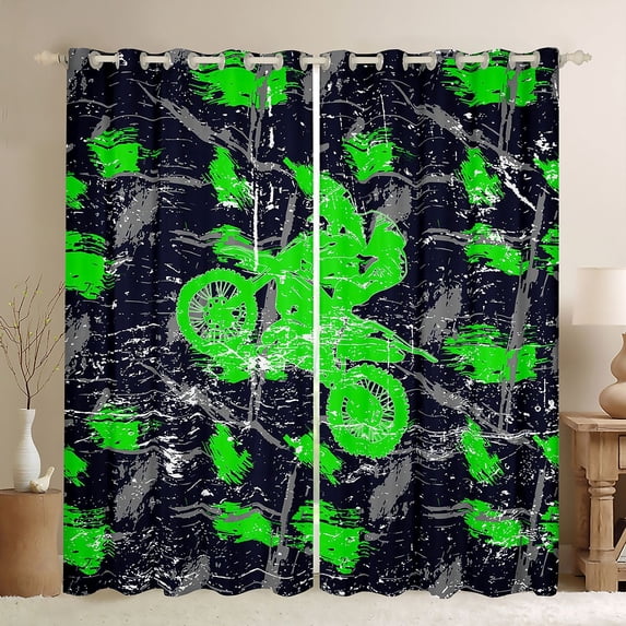 Castle Fairy Dirt Bike Pattern Curtains Pack of 2 (42x84 Each) for Boys, Graffiti Art Curtains Blackout for Bedroom, Green Navy