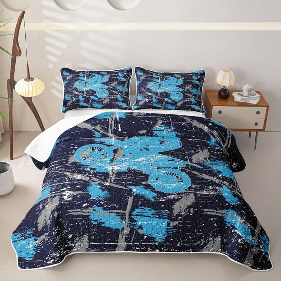 Castle Fairy Dirt Bike Pattern Quilt King,Graffiti Print King Coverlet Set for Bedroom,Blue Gray