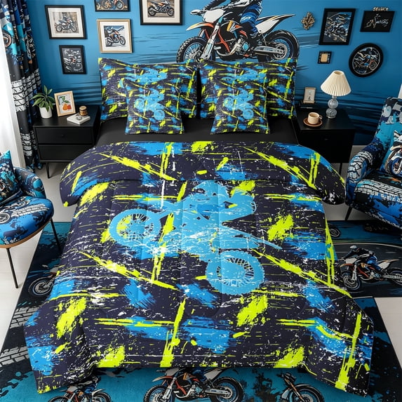 Castle Fairy Dirt Bike Pattern Twin Bedding Sets 7-Piece for Teens, Graffiti Print Bedding Comforter Set for Bedroom, Blue Yellow,Black Reversible
