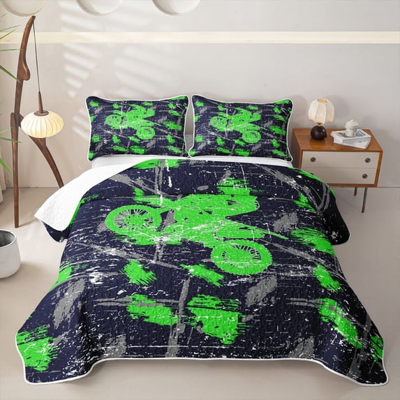 Castle Fairy Dirt Bike Pattern Twin Quilt Set for Boys,Graffiti Art Twin Coverlet Set for Bedroom,Green Navy