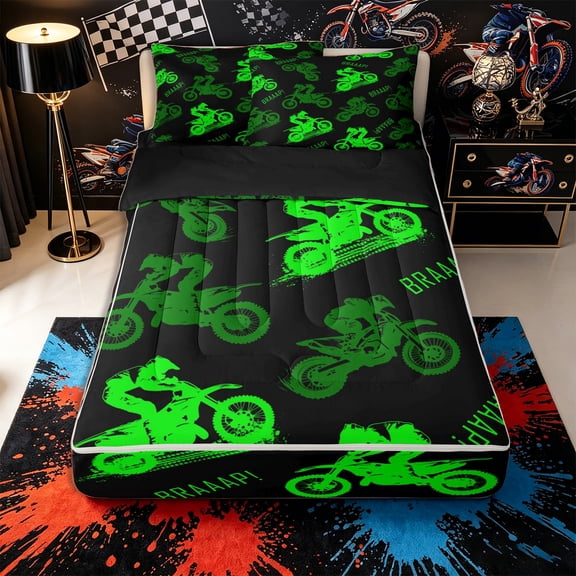 Castle Fairy Dirt Bike Pattern Zipper Full Size Comforter Sets with Fitted Sheet and 2 Pillowcases,"Braaap" Art Zipper Bedding Set for Bedroom,Green Black,4pcs,Black Reversible