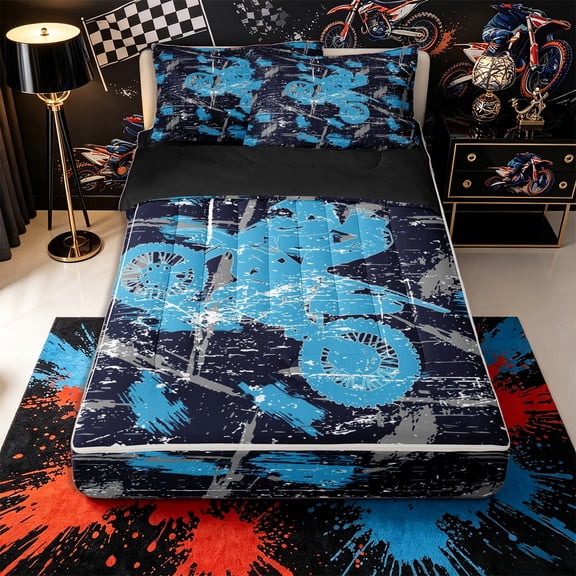 Castle Fairy Dirt Bike Pattern Zipper Full Size Comforter Sets with Fitted Sheet and 2 Pillowcases,Graffiti Print Zipper Bedding Set for Bedroom,Blue Gray,4pcs,Black Reversible