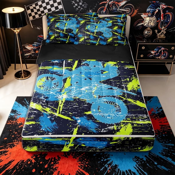 Castle Fairy Dirt Bike Pattern Zipper Full Size Comforter Sets with Fitted Sheet and 2 Pillowcases,Graffiti Print Zipper Bedding Set for Bedroom,Blue Yellow,4pcs,Black Reversible