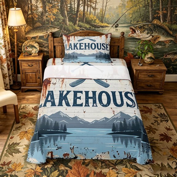 Castle Fairy Distressed Lakehouse Sign Twin Sheets 3pcs,Mountain Pine Lake Scene Bedding,White Rust,1 Fitted Sheet,1 Flat Sheet and 1 Pillowcase