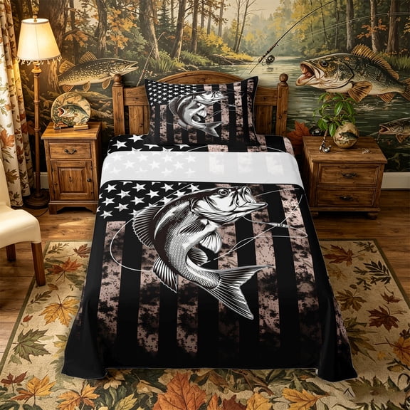 Castle Fairy Distressed Mono Bass Art Twin Sheets 3pcs,Vintage American Flag Lure Silhouette Layout Bedding,Gray Black,1 Fitted Sheet,1 Flat Sheet and 1 Pillowcase