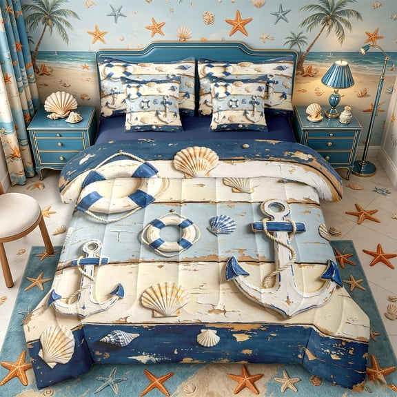 Castle Fairy Distressed Nautical Wood Plank King Bedding 7pcs,Anchor Life Ring Seashell Layout King Bed in a Bag,Navy White,Navy Blue Reversible
