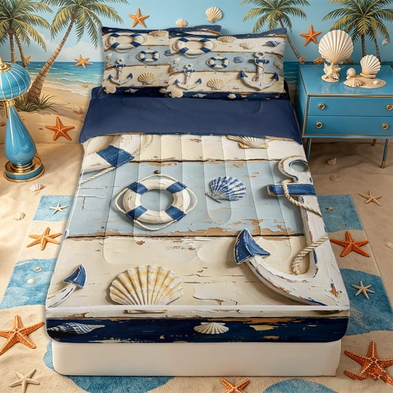Castle Fairy Distressed Nautical Wood Plank Zipper Full Size Comforter Sets with Fitted Sheet and 2 Pillowcases,Anchor Life Ring Seashell Layout Zipper Bedding Set,Navy White,Reversible,4pcs