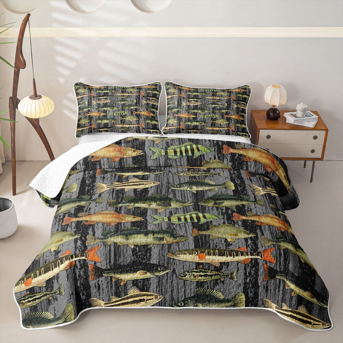 Castle Fairy Distressed Wood Fish Tile Bed Spread Queen,Panfish Gray ...