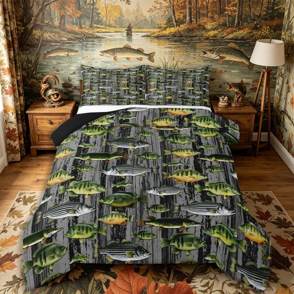 Castle Fairy Distressed Wood Fish Tile King Size Comforter Sets 3pcs,Mixed Bass Gray Timber Seamless Print Comforters King Size,Ash Charcoal,Black Reversible,1 Comforter and 2 Pillowcases
