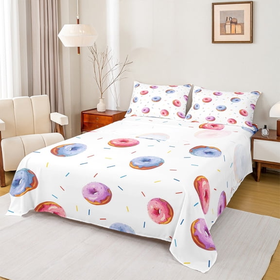 Castle Fairy Donuts Dessert 4 Pieces Queen Sheet Sets,Sweet Food Ultra Soft Flat Sheet,Kawaii Cute Queen Fitted Sheet,Ultra Soft Cartoon Home Decor