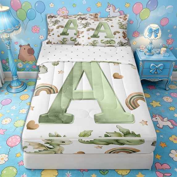 Castle Fairy Dragon Letter A Zipper Twin Comforter Sets with Fitted Sheet and 2 Pillowcases,Cartoon Animal Zipper Bedding Set,4-Piece,Reversible