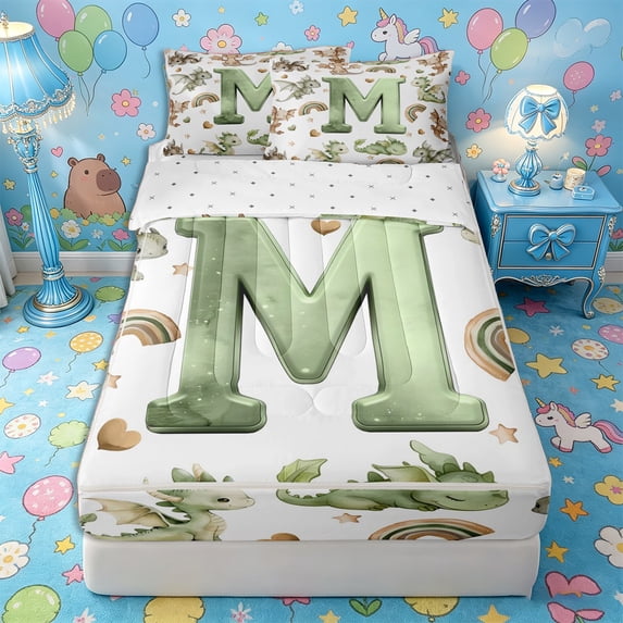 Castle Fairy Dragon Letter M Zipper Twin Comforter Sets with Fitted Sheet and 2 Pillowcases,Cute Rainbow Animal Zipper Bedding Set,4-Piece,Reversible