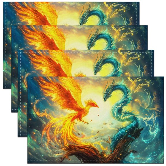 Castle Fairy Dragon Phoenix Placemats Set of 4,Magical Fantasy Animal Place Mats,Starry Sky Ancient Wildlife Placemat for Kitchen Dining Table Yellow Green Table Mats Indoor Outdoor 18"x12"