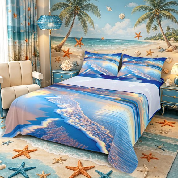 Castle Fairy Dramatic Cloud Surf Shore Queen Sheets 4 Pieces,Sun Glow Reflective Sand Ocean Art Queen Sheet Sets,Indigo Peach,1 Fitted Sheet,1 Flat Sheet and 2 Pillowcases
