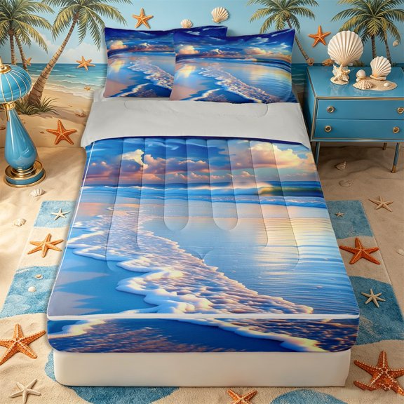 Castle Fairy Dramatic Cloud Surf Shore Zipper Queen Comforter Set with Fitted Sheet and 2 Pillowcases,Sun Glow Reflective Sand Ocean Art Zipper Bedding Set,Indigo Peach,Grey Reversible,4 Pieces