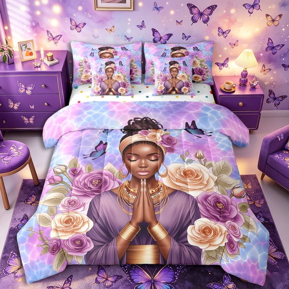 Castle Fairy Dreamy Afro Woman Twin Bedding 7-Piece,Tie Dye Butterfly Rose Bedding Comforter Set,Purple Blue Pink,Grey Reversible