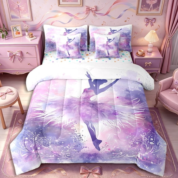 Castle Fairy Dreamy Ballet Girl King Bedding 7pcs,Watercolor Floral Pattern King Bed in a Bag,Pink Purple,Grey Reversible